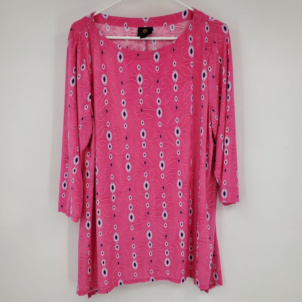 JM Collection Women's 3/4-Sleeve Handkerchief-Hem Top Pink Pattern Shirt Size XL